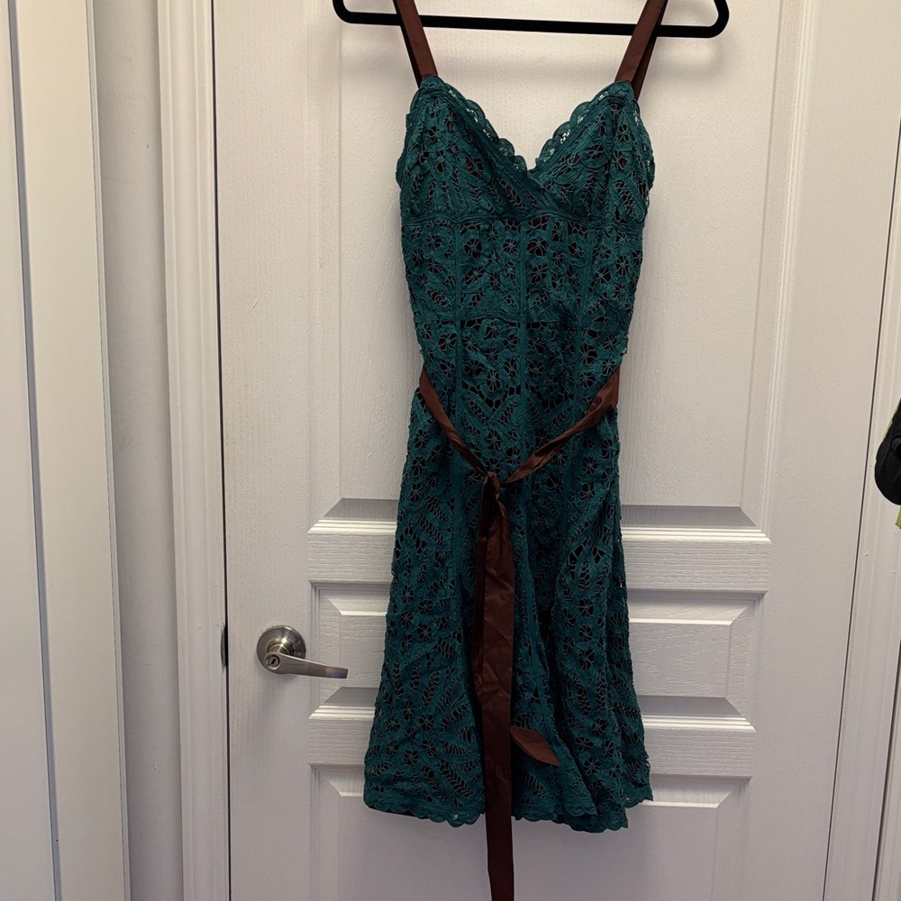 Betsey Johnson Teal Crochet Slip Dress with Brown Satin Waist Tie
